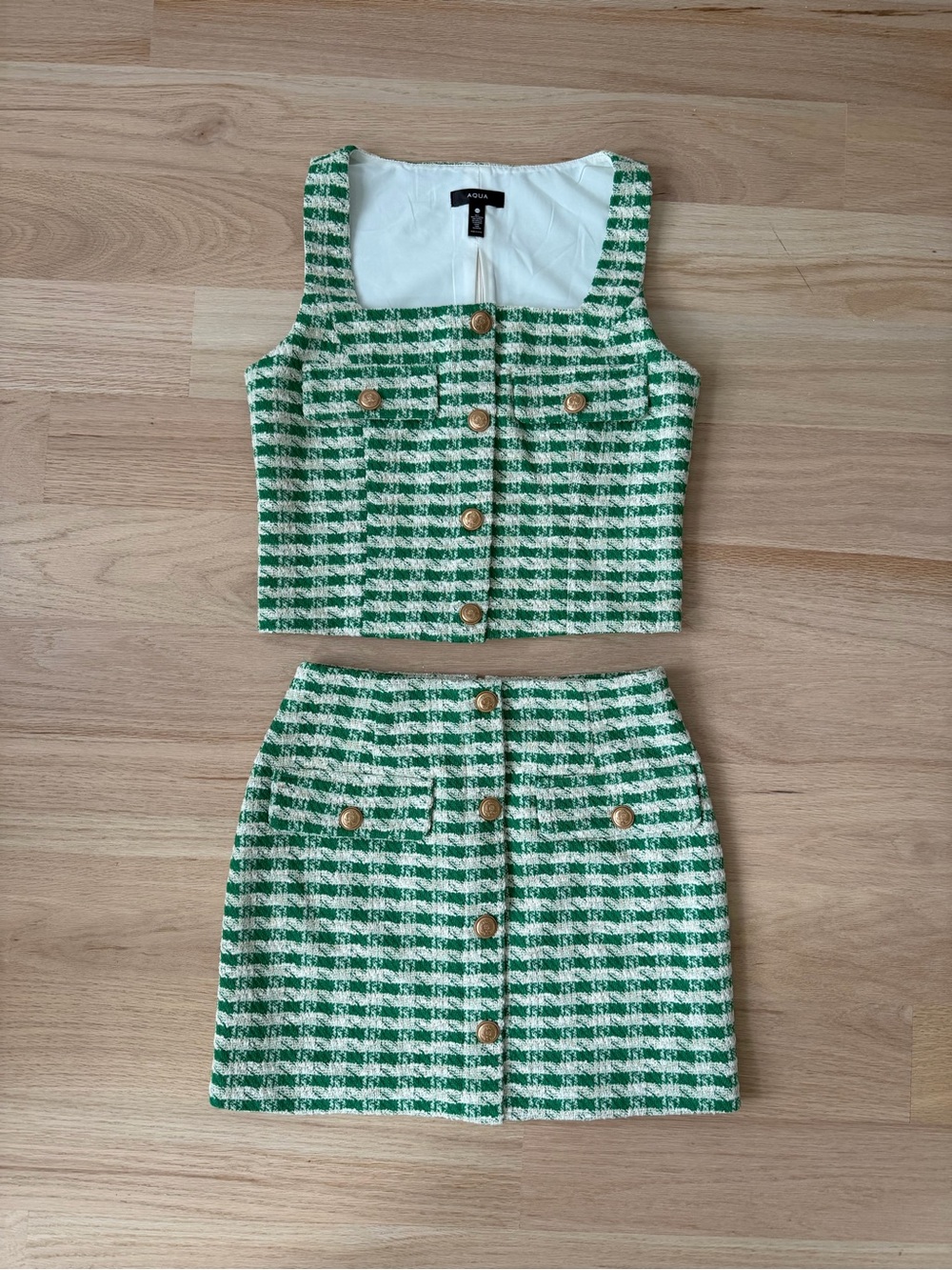 Matching set XS: Green Tweed Button-Front Mini Skirt and Top- Aqua Bloomingdales
